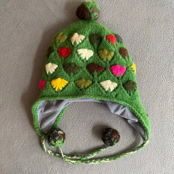 Rising International Boho Lined Knit Pom Beanie Green Multicolor One Size